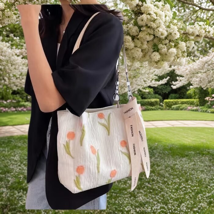 Women's Elegant Casual White Tulip Floral Print Tote Bag - Large Capacity Fabric Shoulder Bag with Adjustable Long Woven Strap & Zipper Closure, Includes Wrist Strap for Work, Travel, Daily Use, Polyester Lining - Image 6
