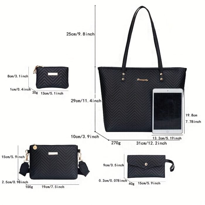 4pcs Fashion Simple Tote Bag Set for Women, Basics Style, Double Handles, Zipper Closure, Polyester Lining, Material, with Daily Commute Occasion, Dry Clean Only, Do Not Wash - Image 4