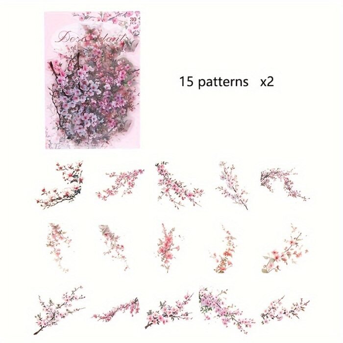 30-Pack Plant Floral Branch PET Decorative Stickers, Mixed Color Self-Adhesive Plastic Craft Embellishments with Crystal Accents, Glossy Finish, Irregular Shapes for Scrapbooking and Journaling - Image 8