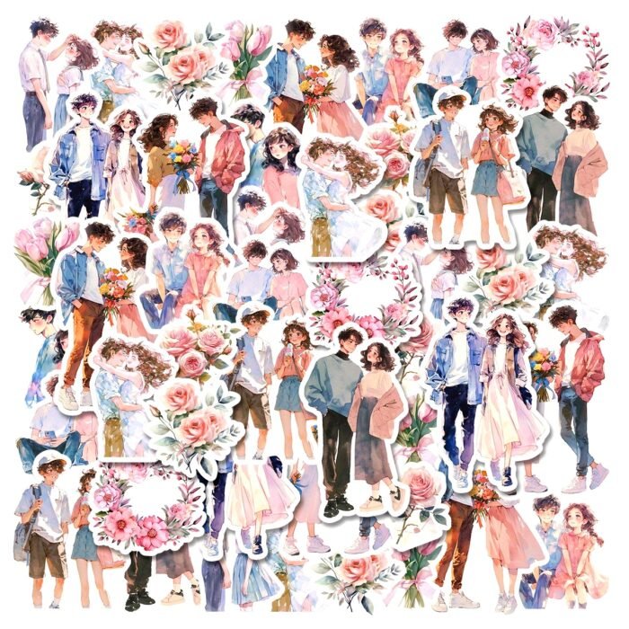 Etori Romantic Couple Stickers - 30 pcs (15 Designs x 2), PET Waterproof Reusable Stickers for Scrapbooking, Crafting, Laptops & Phones, Assorted Love-Themed Irregular Shapes, Suitable for Ages 14+ - Image 10