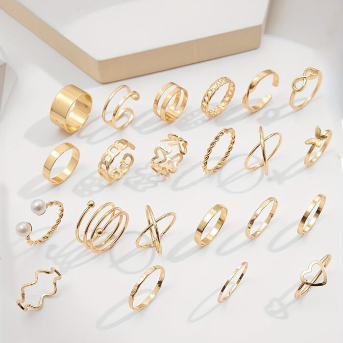 22pcs Fashion Stacking Rings Trendy Heart/ Infinity/ Butterfly/ Chain Design Mix And Match For Daily Outfits Party Accessories For Sweet Cool Girls - Image 9