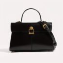 Elegant Women's Top Handle Satchel Bag - Chic Solid Color Design with Adjustable Shoulder Strap, Golden-Tone Clasp & Spacious Interior, Perfect for Daily Use or Gift Giving (Khaki/Dark Brown/Red/Black), Versatile Fashion Accessory | Fashionable Accessory | Synthetic Leather Bag