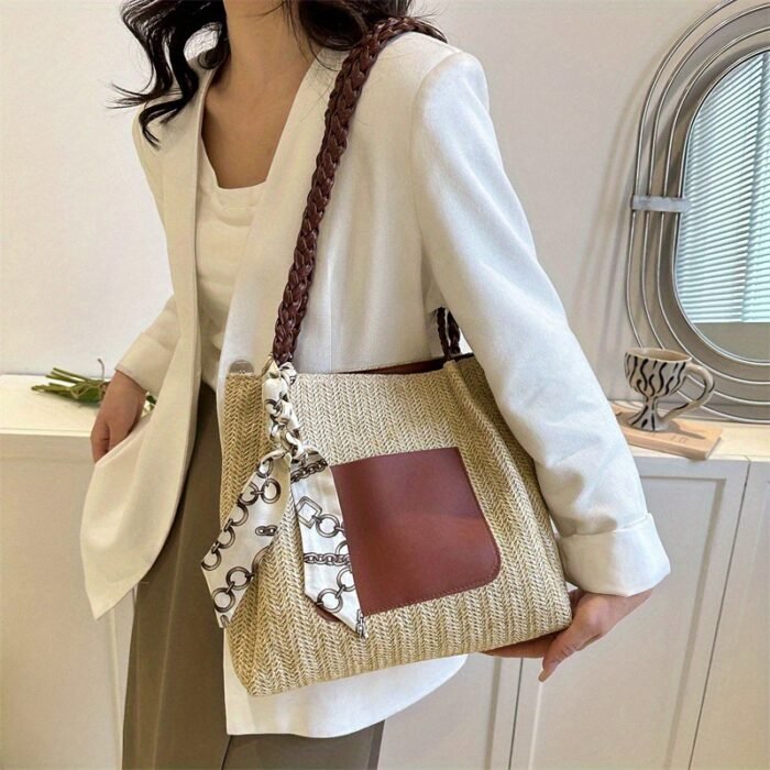 Women's Vintage Woven Tote Bag - Summer 2025 New Design, Large Capacity Crossbody Shoulder Bag with Decorative Tassel Handles & Zipper Closure, Light Brown/White/Green, Durable Fabric for Casual & Holiday Use, Casual Shoulder Bag | Braided Strap Bag | Zipper Closure Tote - Image 5