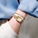 Elegant Rhinestone Ladies Square Watch - Minimalist Luxury Quartz Wristwatch with Golden-Tone Alloy Band, Sparkling Accents & Shock-Resistant Design for Everyday Casual or Formal Wear, Stylish Wristwatch | Modern Accessory | Shockresistant Timepiece