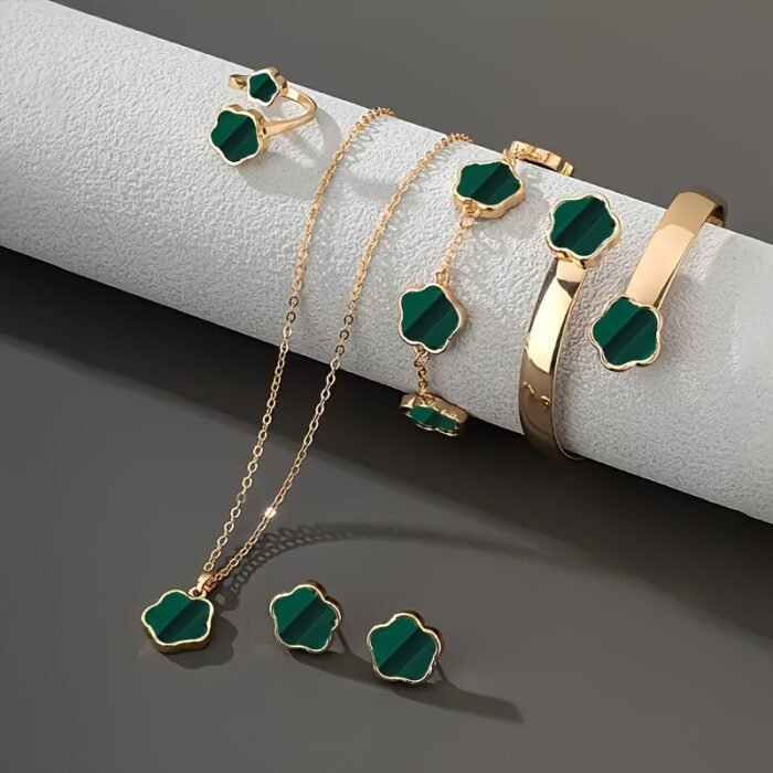5pcs Classic Lucky Flower Women's Necklace + Earrings + Ring + Bracelet Set Simple Elegant Design Birthday Wedding New Year Valentine's Day Celebration Fashion Jewelry Set - Image 10
