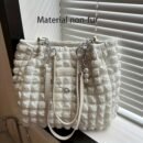 Y2K Style Women's Soft Lightweight Spacious Tote Bag with Cloud-Like Pleats, Beaded Accents & Chain Strap - Zipper Closure Durable Nylon Handbag for Casual, Commute, Daily Use - Bright Pink/White/Black, Commute Handbag | Pearlescent Zipper Pull | Embellishments