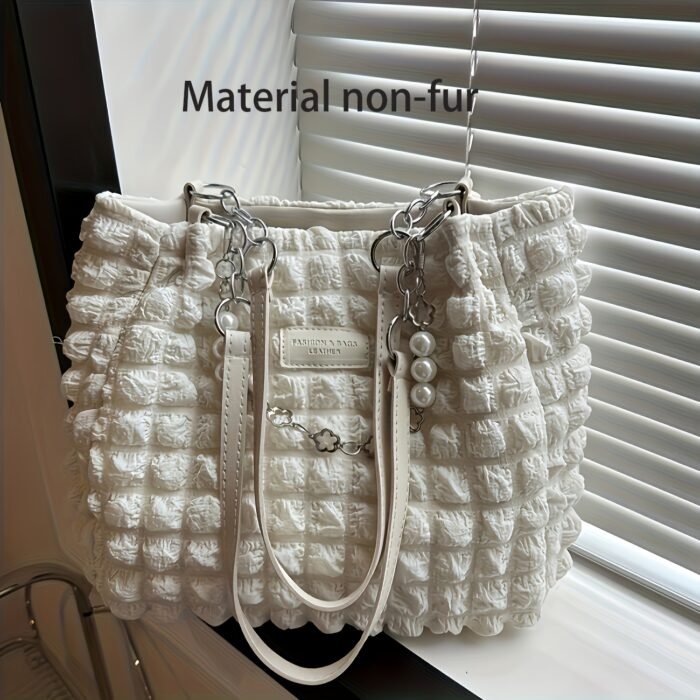 Y2K Style Women's Soft Lightweight Spacious Tote Bag with Cloud-Like Pleats, Beaded Accents & Chain Strap - Zipper Closure Durable Nylon Handbag for Casual, Commute, Daily Use - Bright Pink/White/Black, Commute Handbag | Pearlescent Zipper Pull | Embellishments - Image 7