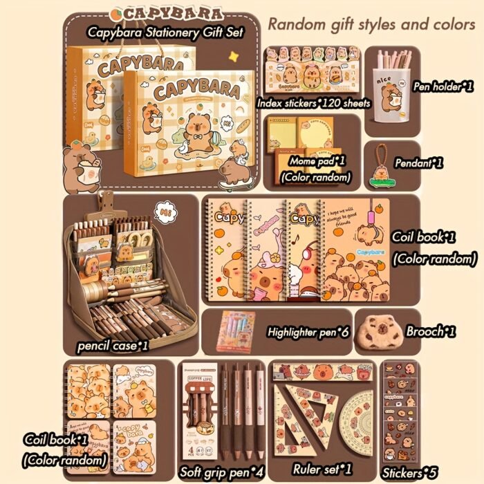 Capybara Stationery Gift Set, Soft Grip Pens, Notebook, Pencil Case, and Accessories, Cute Animal-Themed Study Essentials Pack for Students - Image 4