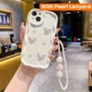 White Heart Pearl Mobile Phone Case, Three-Dimensional Wave Edge with Pearl Lanyard, Suitable for Iphone 16 15 14 13 12 11 Pro Max, Gift for Girlfriend