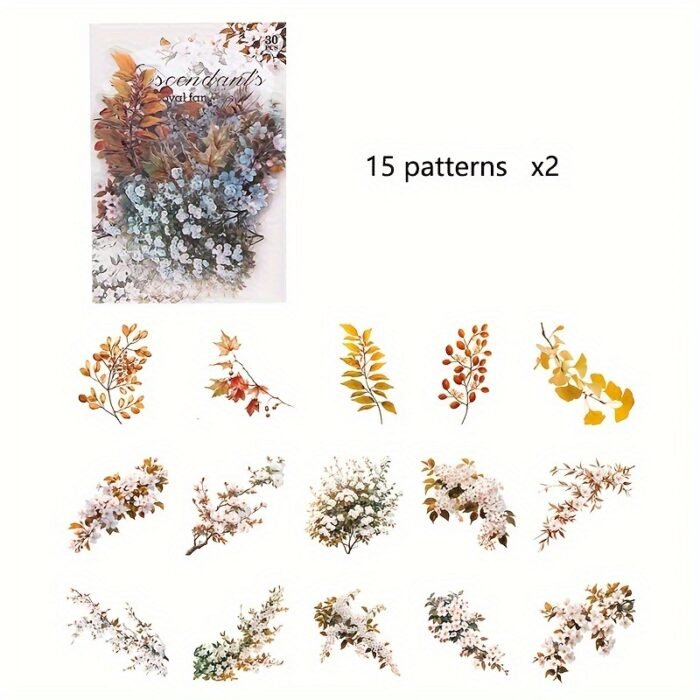 30-Pack Plant Floral Branch PET Decorative Stickers, Mixed Color Self-Adhesive Plastic Craft Embellishments with Crystal Accents, Glossy Finish, Irregular Shapes for Scrapbooking and Journaling - Image 12