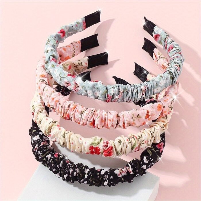 4pcs Sweet Floral Print Pleated Headband Set - Chic & Versatile Hair Accessories for Girls, Perfect for Casual Attire, Girls Hair Accessories - Image 14