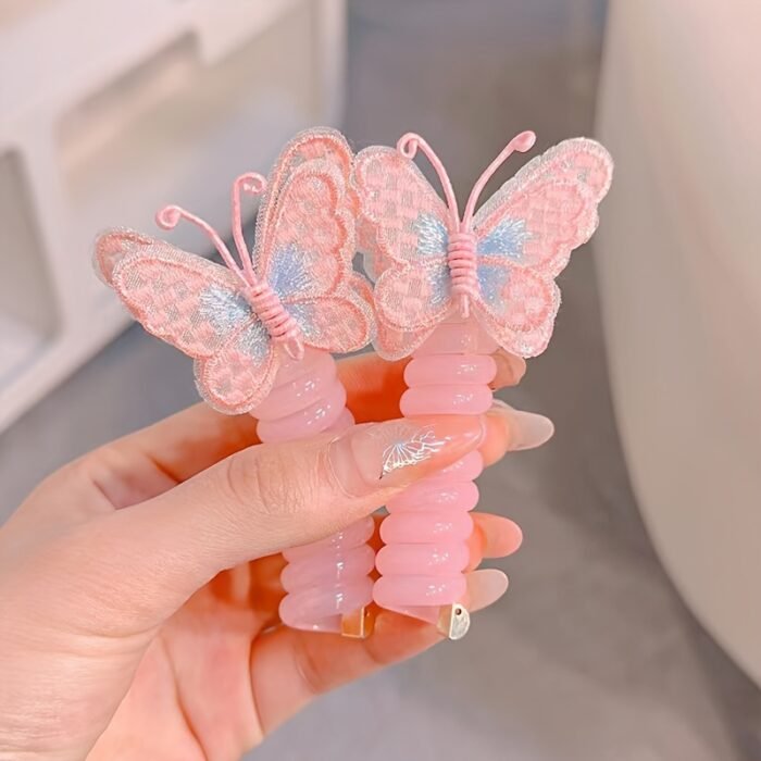GUIJUI 2pcs Cute Butterfly Phone Cord Hair Ties for Kids, High Elasticity Resin Hair Bands, All-Season Daily & Casual Wear, Christmas & Valentine'S Day Gift, Knit Fabric Weaving Method - Image 3