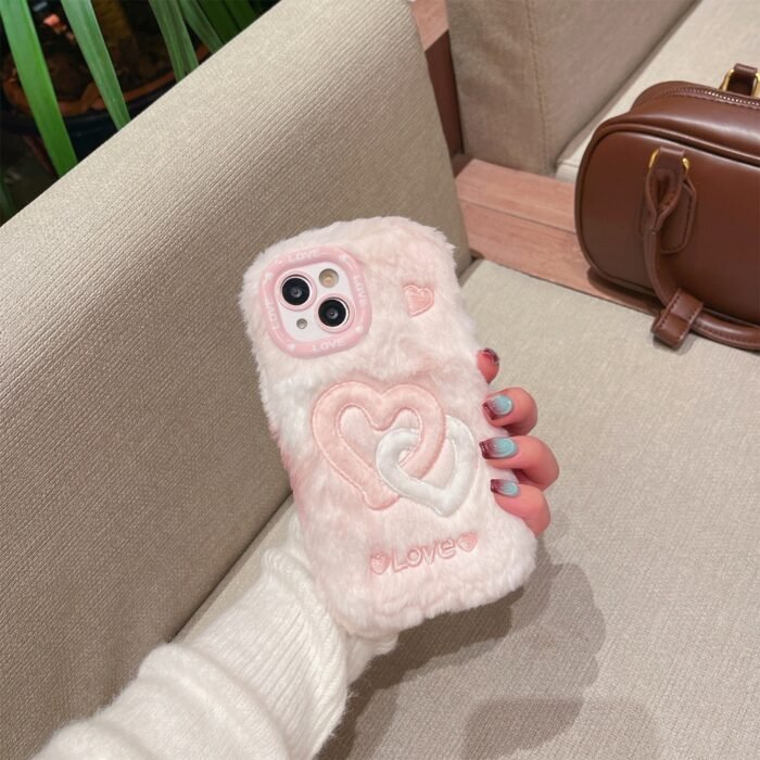 Smudged Double Buckle Love Gradient Color Mobile Phone Case, Suitable for Apple 16/15 Pro Max/15 Pro/15/15Plus/14 Pro Max/14 Pro/14Plus/14/13 Pro Max/13 Pro/13 /12 Pro Max/12 Pro/12/11Pro Max/11 Couple Plush Embroidery Mobile Phone Protective Case - Image 5