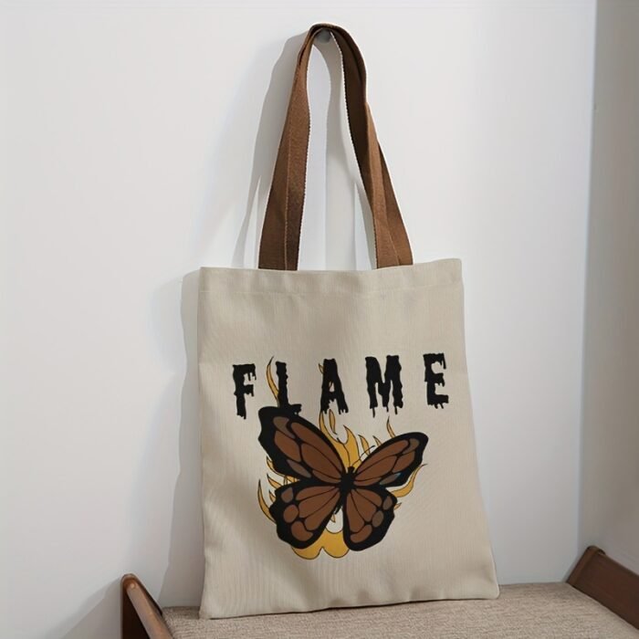 Brown Butterfly Letter Element Pattern Tote Bag, Multifunctional Handbag, Letter Printed Canvas Shopping Bag - Image 7