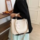 Stylish Large Capacity Women's Tote Bag - Versatile Shoulder & Crossbody Purse with Zipper Closure, PU Material, Cream Color, Golden-Toned Hardware, and Adorable Bear Charm, Crossbody Bag