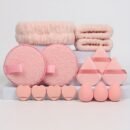 15pcs set of hair tie lazy puff. 2 face wash puffs & 3 makeup sponges & 3 triangular loose powder puffs & 4 mini air cushions & 1 headband & 2 wristbands. Facial sponge, used for daily exfoliation and cleansing, foam removal and facial scrubbing