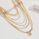 1pc Layered Chain Necklace for Women - Golden-Tone Bohemian Punk Rock Style with Interlocking Links & Rectangular Pendants, Elegant Versatile Jewelry for Daily Wear, Parties, All-Season Fashion Accessory, Party Accessories, Chic Appearance, Delicate Craftsmanship