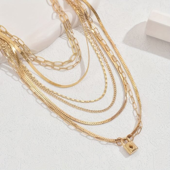1pc Layered Chain Necklace for Women - Golden-Tone Bohemian Punk Rock Style with Interlocking Links & Rectangular Pendants, Elegant Versatile Jewelry for Daily Wear, Parties, All-Season Fashion Accessory, Party Accessories, Chic Appearance, Delicate Craftsmanship - Image 4