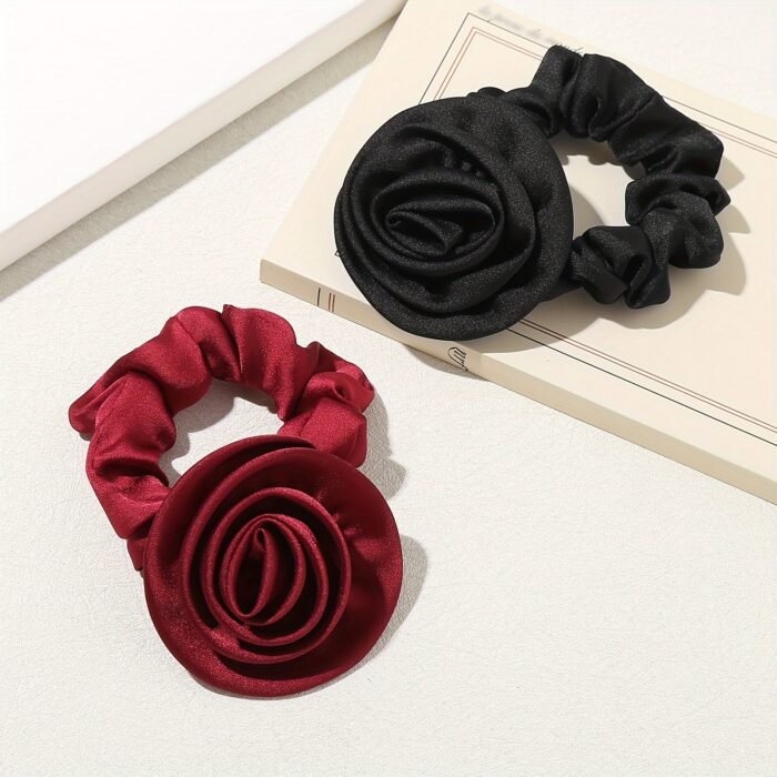 1pc Elegant Rose Flower Scrunchie, Korean Style Fabric Hair Tie, Simple Solid Color, Floral Hair Accessory for Women, Single Pack - Image 4