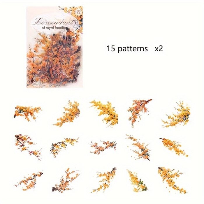 30-Pack Plant Floral Branch PET Decorative Stickers, Mixed Color Self-Adhesive Plastic Craft Embellishments with Crystal Accents, Glossy Finish, Irregular Shapes for Scrapbooking and Journaling - Image 10