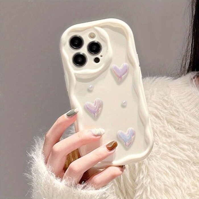 White Heart Pearl Mobile Phone Case, Three-Dimensional Wave Edge with Pearl Lanyard, Suitable for Iphone 16 15 14 13 12 11 Pro Max, Gift for Girlfriend - Image 2