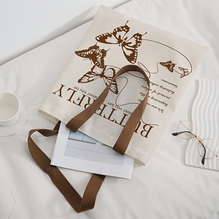 Brown Butterfly Letter Element Pattern Tote Bag, Multifunctional Handbag, Letter Printed Canvas Shopping Bag - Image 6