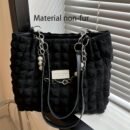 Y2K Style Women's Soft Lightweight Spacious Tote Bag with Cloud-Like Pleats, Beaded Accents & Chain Strap - Zipper Closure Durable Nylon Handbag for Casual, Commute, Daily Use - Bright Pink/White/Black, Commute Handbag | Pearlescent Zipper Pull | Embellishments