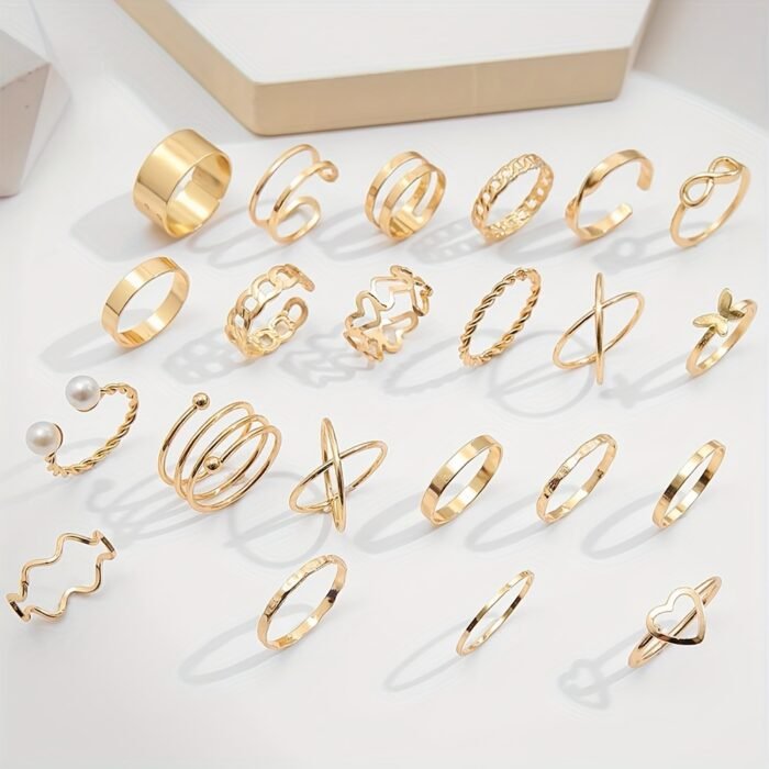 22pcs Fashion Stacking Rings Trendy Heart/ Infinity/ Butterfly/ Chain Design Mix And Match For Daily Outfits Party Accessories For Sweet Cool Girls - Image 4