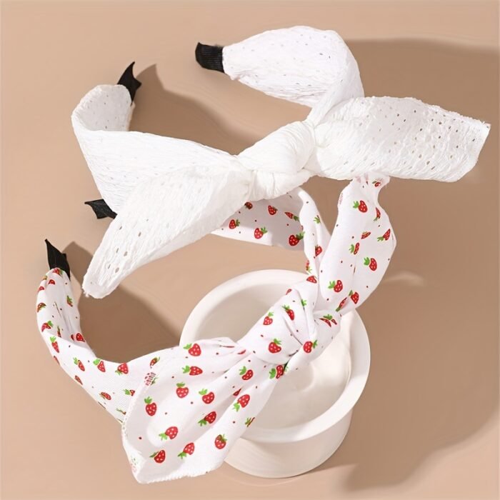 2pcs Cute Pink Strawberry & Floral Bunny Ear Headbands for Girls - Sweet, Versatile Hair Accessories with Bow Detail - Image 12