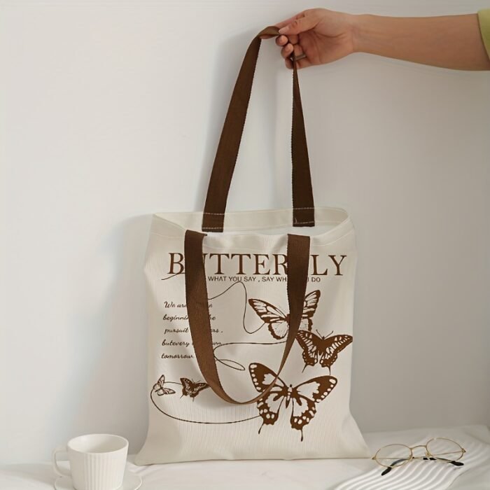 Brown Butterfly Letter Element Pattern Tote Bag, Multifunctional Handbag, Letter Printed Canvas Shopping Bag - Image 8