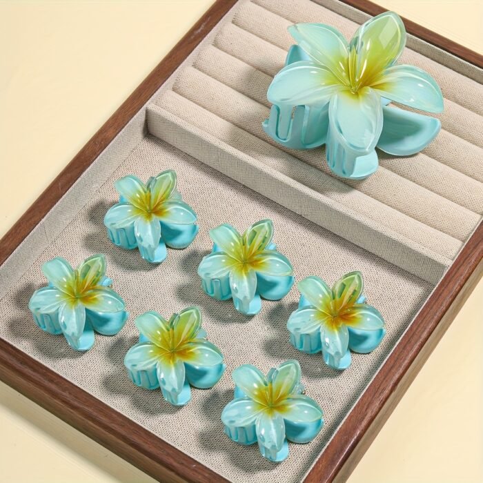 7pcs Minimalist Floral Hair Clip Set, Gradient Jelly Cute Clips, Large Non-Slip Scrunchie and Multifunctional Bangs Side Egg Lace Clips, Essential for Beach Vacation Swimming - Image 10