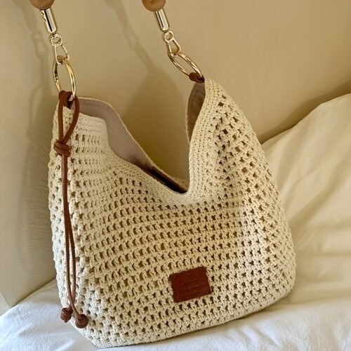 Women's Crochet Woven Tote Bag - Casual Chic Convertible Shoulder & Crossbody Bag with Magnetic Closure, Beige Fabric & Brown Accents, Durable Polyester Lining for Beach, Commute, Everyday Use
