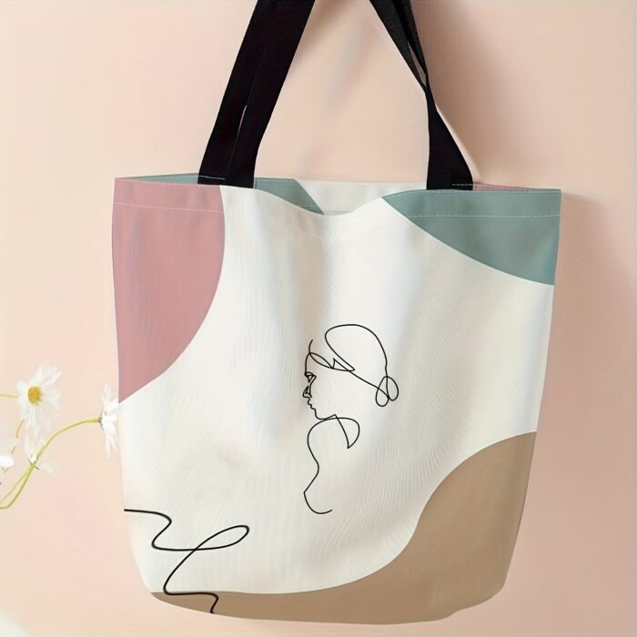 Abstract Line Art Print Casual Tote Bag, Fashionable Reusable Shoulder Bag, Multipurpose Canvas Shopper with Polyester Material and Diverse Printing - Image 3