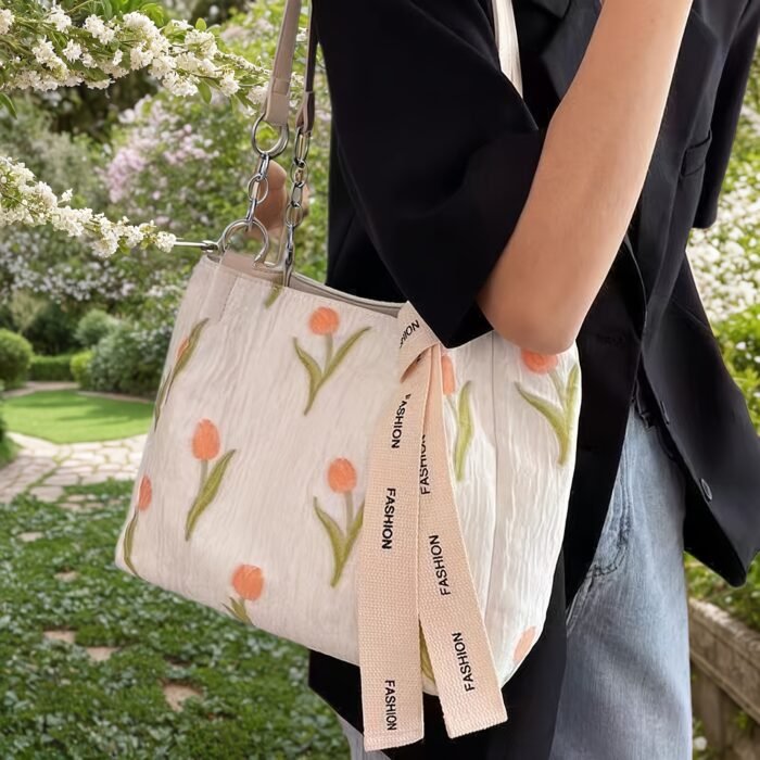 Women's Elegant Casual White Tulip Floral Print Tote Bag - Large Capacity Fabric Shoulder Bag with Adjustable Long Woven Strap & Zipper Closure, Includes Wrist Strap for Work, Travel, Daily Use, Polyester Lining - Image 2