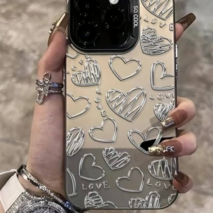 Radium Black and White Silvery Love Heart Metal Pattern Design Mobile Phone Case for iPhone16/16plus/16pro/16promax/iPhone 15/15Plus/15Pro/15ProMax, 14/14Plus/14Pro/14ProMax, 13/13Pro/13ProMax, 12/12Pro/12ProMax, 11/11/11Pro Max/7/8/X/XS - Anti-fouling, Fashionable, Trendy - Image 9