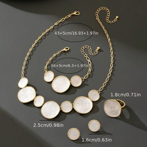 Four-Piece Women's Jewelry Set: Pure White Geometric Pendant Necklace, Bracelet, Ring, and Earrings