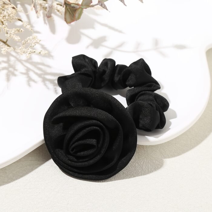 1pc Elegant Rose Flower Scrunchie, Korean Style Fabric Hair Tie, Simple Solid Color, Floral Hair Accessory for Women, Single Pack - Image 3