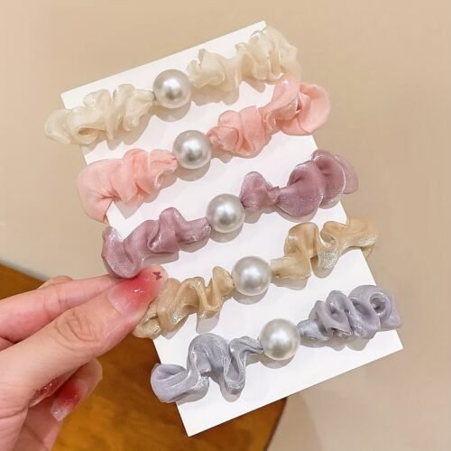 Korean Style Ultra-Soft Organza Faux Pearl Hair Ties - Elegant Scrunchies for Women, Pastel Colors, Fabric Material, Perfect for Ponytails and Buns, Hair Accessories for All Occasion