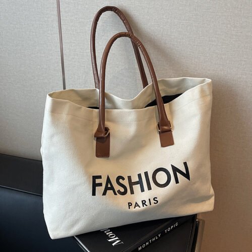 Large Capacity Fashion Canvas Tote Bag - "FASHION PARIS" Print, Reusable for Groceries & Shopping, Foldable Design, Brown Handles, Ideal for Daily Use, Shopping Tote|Fashionable Tote Bag|Durable Handle Bag, Tote Bag