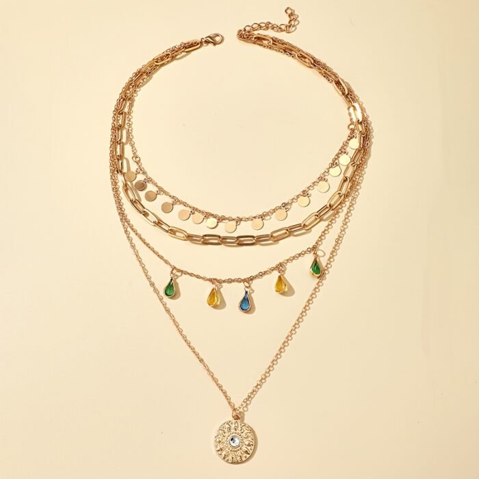 Vintage Geometric Layered Necklace for Women - Golden-Tone Multi-Strand Chain with Teardrop & Round Pendants, Elegant Party Jewelry Gift for Birthdays, Anniversaries, Special Occasion Jewelry, Sophisticated Accessory - Image 2