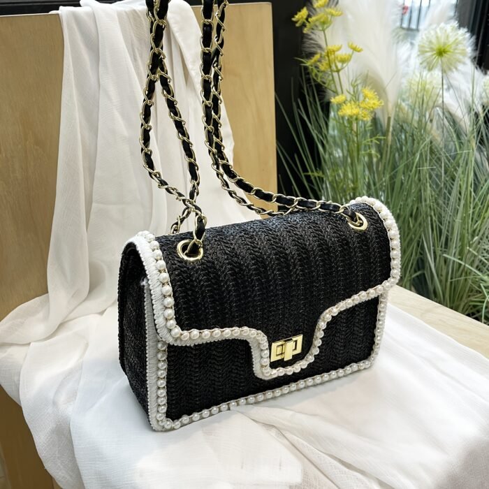 [Straw Shoulder Bag] Chic Woven Straw Women's Shoulder Bag | Fashionable Chain Crossbody Purse, Leather Lined, Turn-lock Closure, Summer Beach Vacation Accessory | Black/Yellow/Beige/Mixed Colors with Pearl Accents - Image 11