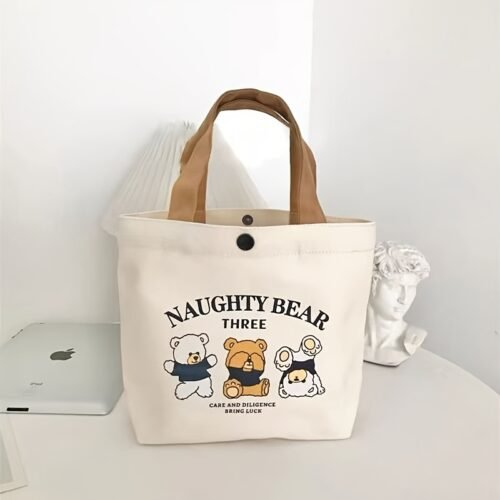 Vigour Bear Canvas Tote Bag - "Three Bears" Design with Playful Cartoon Bears, Brown Handles, Casual Messenger Bag for Students & Office Workers, Hand Washable, Casual Messenger Bag | Playful Design | Durable Handle, Cute Tote Bag