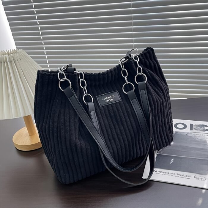 DISSEFA-TECH Corduroy Shoulder Bag for Women, Elegant Striped Tote with Removable PU Strap, Zipper Closure, Polyester Lined, Versatile for Daily Use and School - Ideal Valentine'S Gift - Image 11
