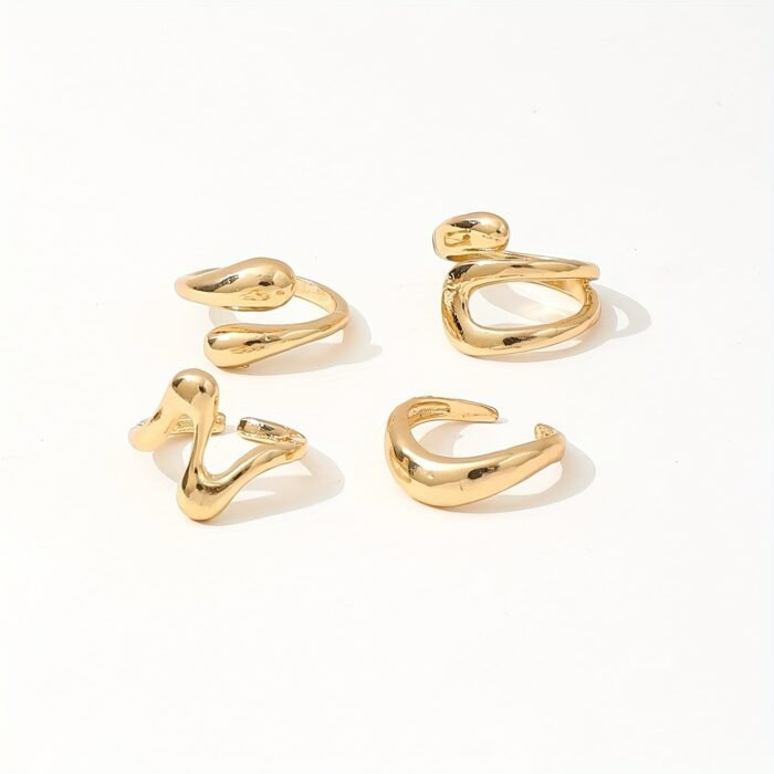 4pcs Set Retro Fashion Geometric Open Circle Liquid Asymmetrical Ring Set - Charming Jewelry for Women, Gold-Tone Alloy, Perfect for Parties & Daily Wear, Everyday Rings|Vintageinspired Rings|Open Circle Design, Rings for Women - Image 9