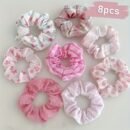 8pcs Elegant Pink & White Check & Floral Hair Ties - Soft Fabric, Non-Slip, Perfect for Buns & Pigtails, Ideal Gift Set for Women, Everyday Hair Accessories | Check Pattern Ties | Elastic Headbands, Hair Accessories Set