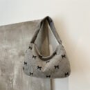 Women's Handbag and Wallet Sweet Plaid Bow Pocket Bag, Gray-White Autumn-Winter Corduroy Material, Niche Design, Large Capacity Underarm Casual Style, Japanese-Korean Backpack Trend, Minimalist Fashionable Tote Bag, Essential for Gifting, Holidays, Travel, and Outings