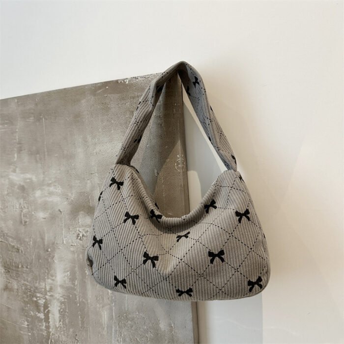Women's Handbag and Wallet Sweet Plaid Bow Pocket Bag, Gray-White Autumn-Winter Corduroy Material, Niche Design, Large Capacity Underarm Casual Style, Japanese-Korean Backpack Trend, Minimalist Fashionable Tote Bag, Essential for Gifting, Holidays, Travel, and Outings - Image 3