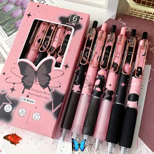6-Pack Butterfly & Rose Flower Retractable Gel Pens, 0.5mm Fine Point, Black Ink, Durable Plastic, No Feathering, Ideal for School, Office, Home Stationery, Perfect Gift for Girls and Boys