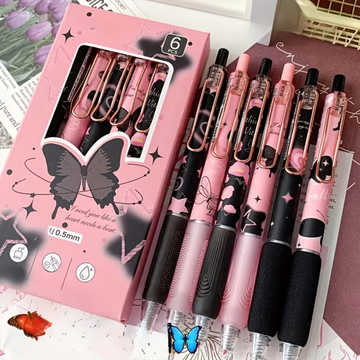 6-Pack Butterfly & Rose Flower Retractable Gel Pens, 0.5mm Fine Point, Black Ink, Durable Plastic, No Feathering, Ideal for School, Office, Home Stationery, Perfect Gift for Girls and Boys