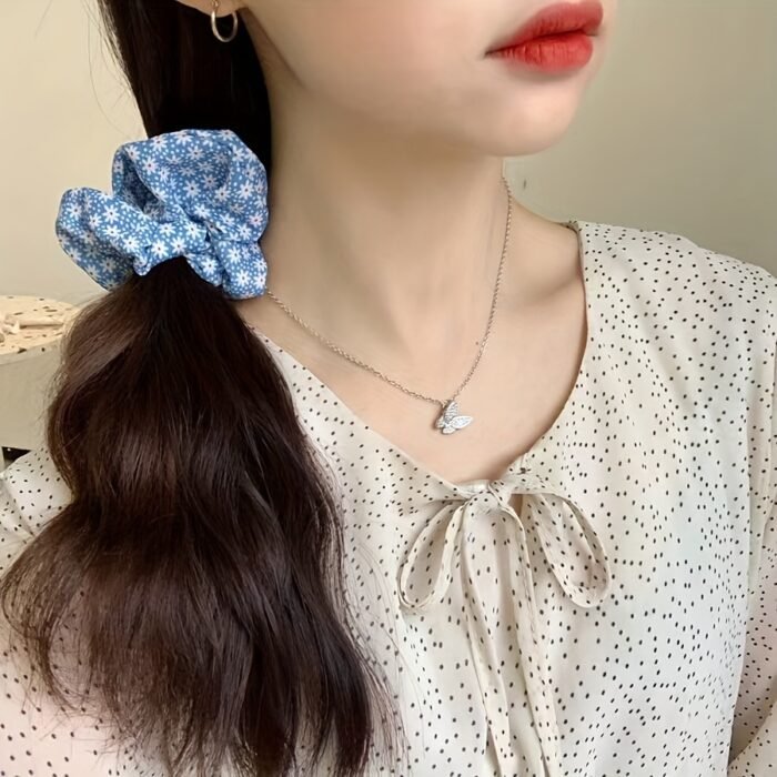 French Forest Summer Ocean Breeze Blue Polka Dot Hair Ties Set, Elegant Cute Fabric Scrunchies with Flower Prints, Sweet Floral & Dot Hair Bands, Academy Style for Ages 14+ - Pack of Multiple Hair Rings - Image 6